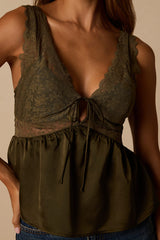Ynez Olive Green Satin Lace Babydoll Tank Top