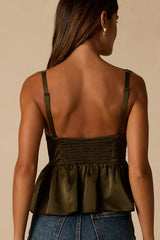 Ynez Olive Green Satin Lace Babydoll Tank Top