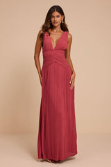 Kelina Rusty Rose Pleated Drop Waist Maxi Dress