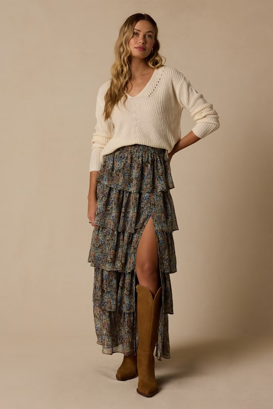 Hanna Brown Multi Floral Tiered Maxi Skirt