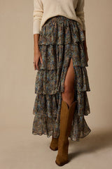 Hanna Brown Multi Floral Tiered Maxi Skirt