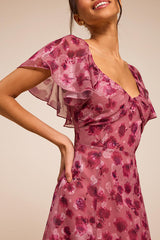 Camillo Mauve Floral Jacquard Flutter Sleeve Midi Dress