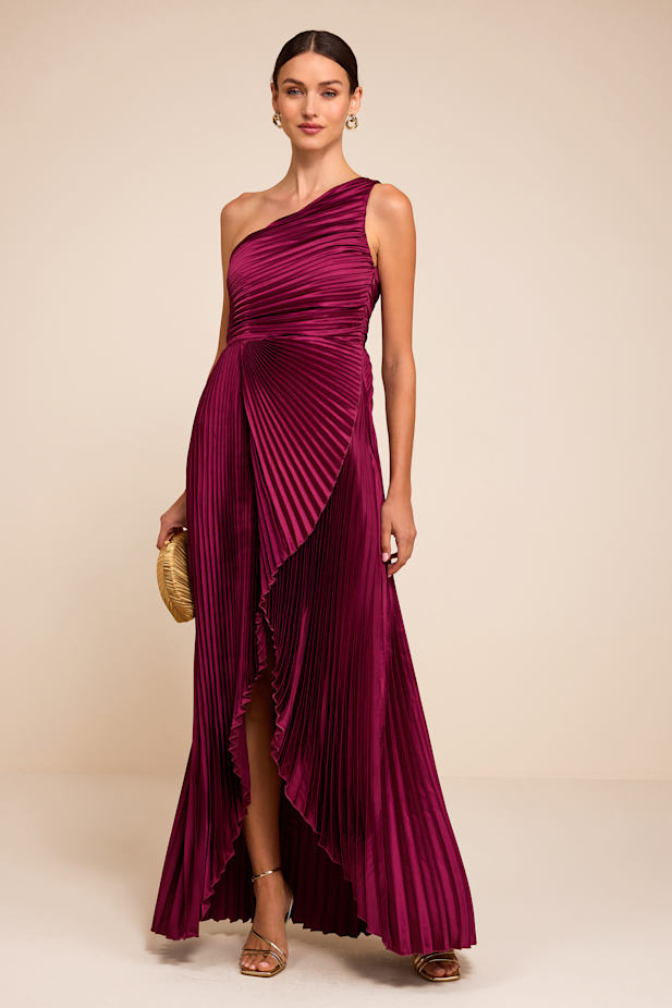 Adaya Magenta Satin Pleated One-Shoulder Maxi Dress