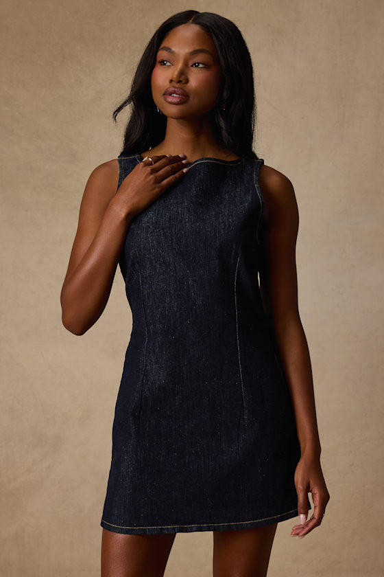 Little Dark Wash Denim Boat Neck Mini Dress