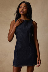 Little Dark Wash Denim Boat Neck Mini Dress