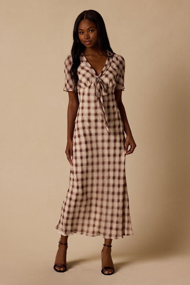 Montebello Brown & Ivory Plaid Maxi Dress