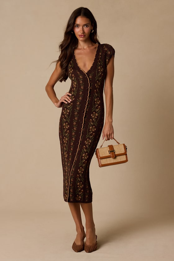 Savanna Brown Floral Button-Front Sweater Midi Dress