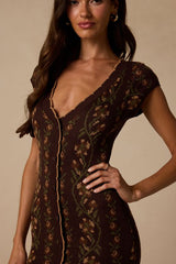 Savanna Brown Floral Button-Front Sweater Midi Dress