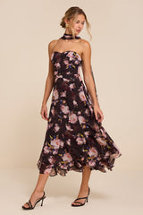 Lucien Black Floral Strapless Midi Dress & Scarf Set