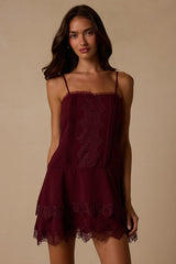 Sahima Wine Red Lace Tiered Mini Dress