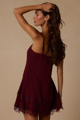 Sahima Wine Red Lace Tiered Mini Dress