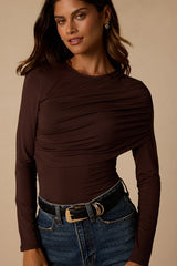 Spence Dark Brown Ruched Long Sleeve Top