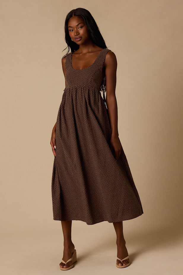Shalena Brown Polka Dot Side-Tie Midi Dress