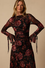 Gabriela Black Floral Long Sleeve Midi Dress