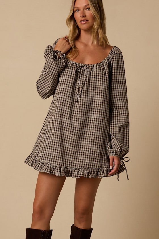 Brynn Beige Plaid Babydoll Romper Dress