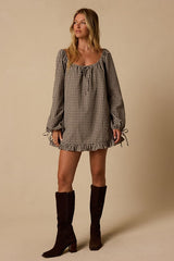 Brynn Beige Plaid Babydoll Romper Dress