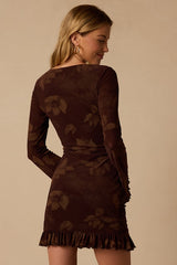 Caroline Brown Floral Ruched Mini Dress
