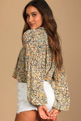 Season of Blooms Cream Multi Floral Print Balloon Sleeve Top
