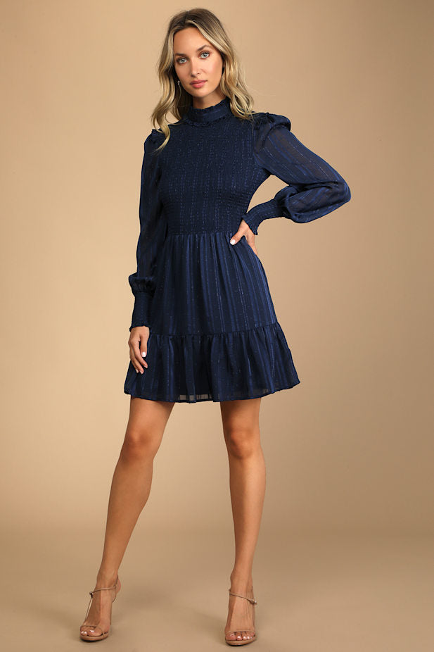 Heartful Romance Navy Striped Smocked Long Sleeve Mini Dress