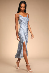 All About You Slate Blue Floral Jacquard Satin Midi Dress