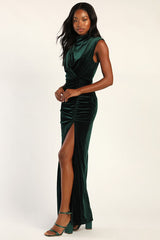 Alluring Image Emerald Ruched Velvet Mock Neck Maxi Dress