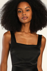 Red Carpet Romance Black Satin Square Neck Maxi Dress